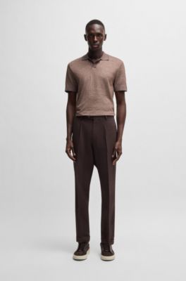 Johnny-collar polo shirt in cotton, linen and silk, Dark Brown