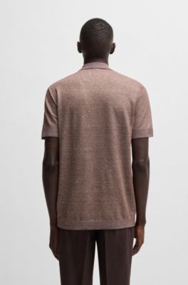 Johnny-collar polo shirt in cotton, linen and silk, Dark Brown