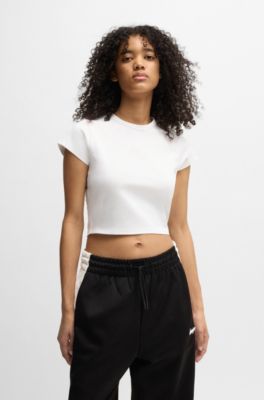 Stretch-cotton T-shirt with crystal-studded logo, White