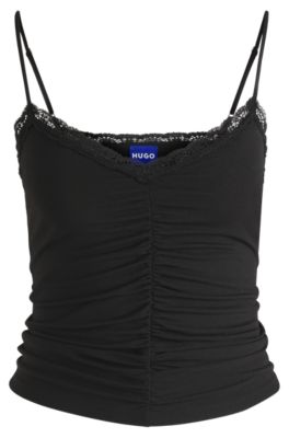 Lace-trim top with ruffled front, Black