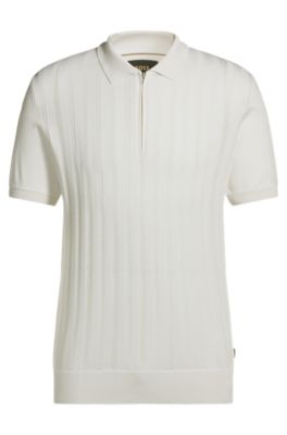 Cotton-silk knit polo with cabled front, White
