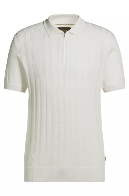 Cotton-silk knit polo with cabled front