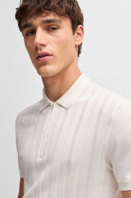 Cotton-silk knit polo with cabled front, White