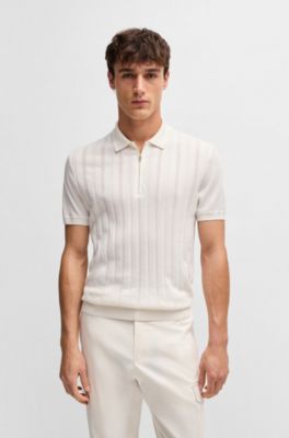 Cotton-silk knit polo with cabled front, White