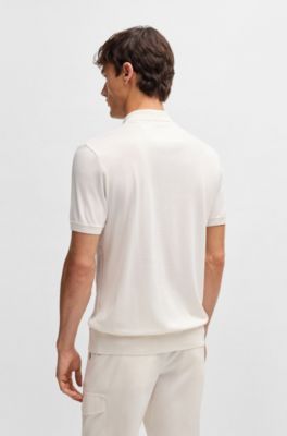 Cotton-silk knit polo with cabled front, White