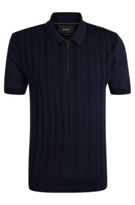 Cotton-silk knit polo with cabled front, Dark Blue