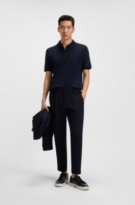 Cotton-silk knit polo with cabled front, Dark Blue