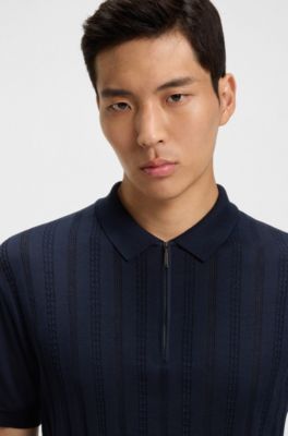 Cotton-silk knit polo with cabled front, Dark Blue