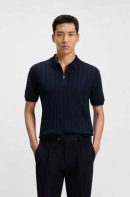 Cotton-silk knit polo with cabled front, Dark Blue