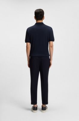 Cotton-silk knit polo with cabled front, Dark Blue