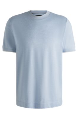 T-shirt en soie et coton &agrave; rayures fines, Turquoise