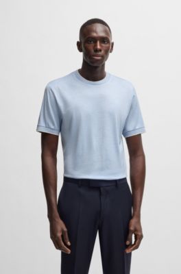 T-shirt en soie et coton &agrave; rayures fines, Turquoise