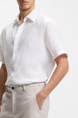 Camisa de manga corta regular fit de lino, Blanco