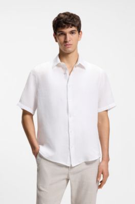 Camisa de manga corta regular fit de lino, Blanco