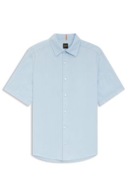 Camisa de manga corta regular fit de lino, Celeste
