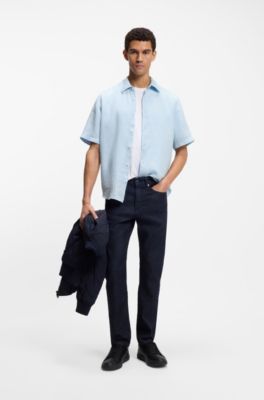 Camisa de manga corta regular fit de lino, Celeste