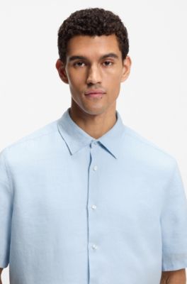 Camisa de manga corta regular fit de lino, Celeste