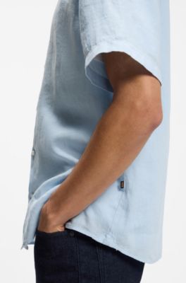 Camisa de manga corta regular fit de lino, Celeste