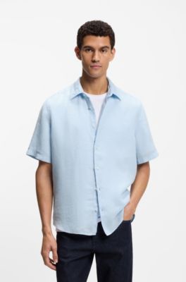 Camisa de manga corta regular fit de lino, Celeste