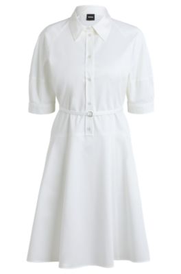 ワンピース BOSS Woman Dress White 50537388 100 BOSS - Shirt dress in stretch cotton with half placket - White