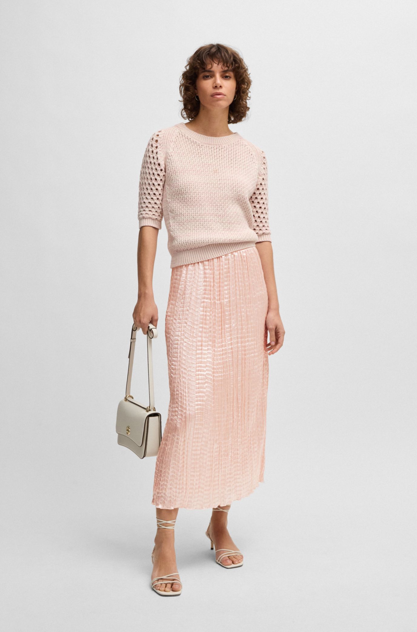 BOSS - Crinkle-plissé skirt with tonal waistband - light pink
