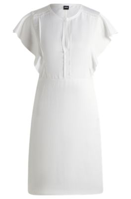 Keyhole-neckline dress with frilled sleeves, White
