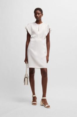 Keyhole-neckline dress with frilled sleeves, White