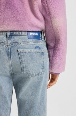 Straight-fit jeans in blue denim with distressed detailing, Blue