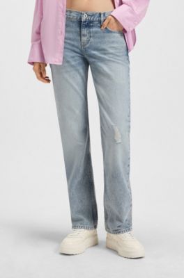 Straight-fit jeans in blue denim with distressed detailing, Blue