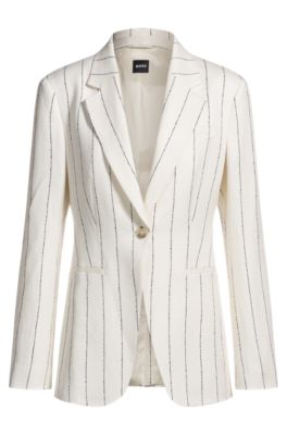 Slim-fit suit jacket in striped linen-blend boucl&eacute;, Patterned