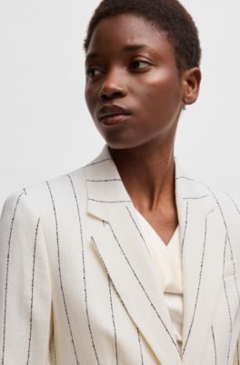 Slim-fit suit jacket in striped linen-blend boucl&eacute;, Patterned