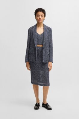 Jupe crayon en tweed crochet&eacute; bicolore, Bleu fonc&eacute;