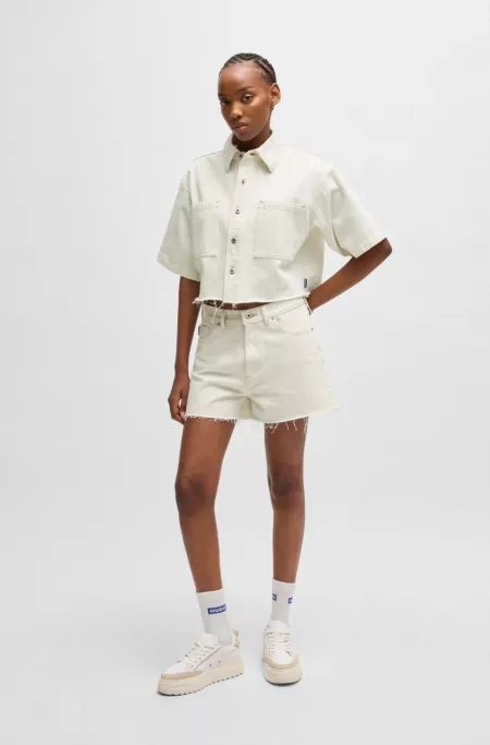 Cropped ecru-denim blouse with raw hem