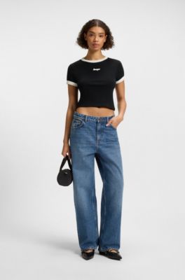 Camiseta corta de algod&oacute;n con ribetes y estampado gr&aacute;fico, Negro