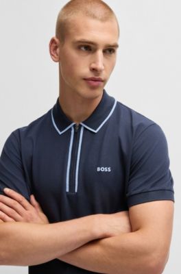 Stretch-cotton polo shirt with contrast stripes, Dark Blue