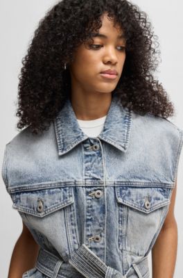Sleeveless denim jacket with stitched belt, Blue