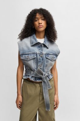 Sleeveless denim jacket with stitched belt, Blue