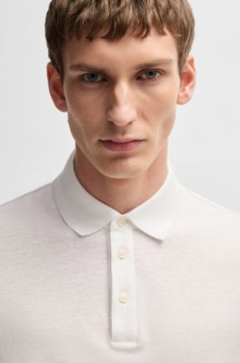 Knit polo shirt in cotton and linen, White