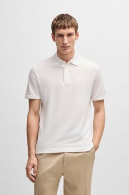 Knit polo shirt in cotton and linen, White