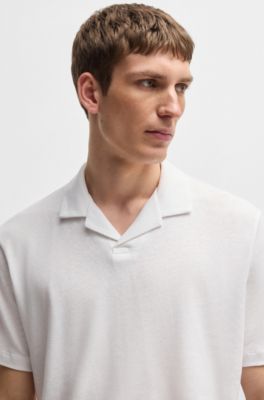 Cotton-linen polo shirt with Johnny collar, White