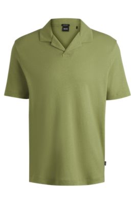 Cotton-linen polo shirt with Johnny collar, Green