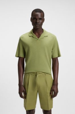 Polo de algod&oacute;n y lino con cuello Johnny, Verde