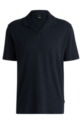 Cotton-linen polo shirt with Johnny collar, Dark Blue