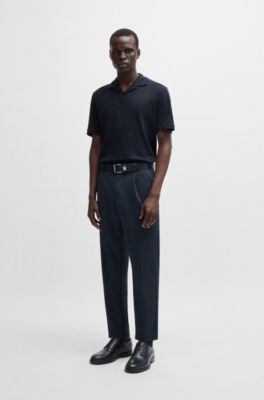 Cotton-linen polo shirt with Johnny collar, Dark Blue