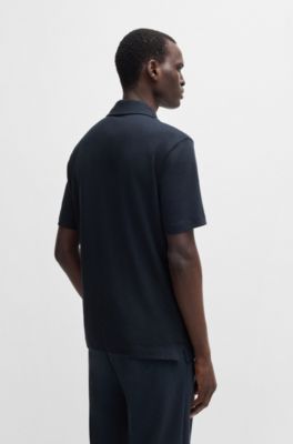 Cotton-linen polo shirt with Johnny collar, Dark Blue