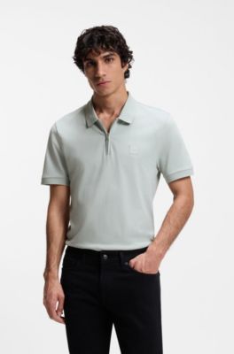 Stretch-cotton slim-fit polo shirt with logo patch, Silver