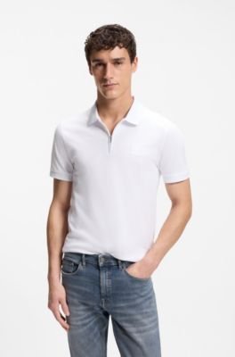 Polo slim fit de algod&oacute;n el&aacute;stico con parche de logo, Blanco