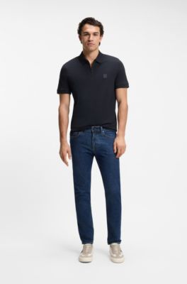 Stretch-cotton slim-fit polo shirt with logo patch, Dark Blue