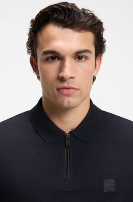 Stretch-cotton slim-fit polo shirt with logo patch, Dark Blue