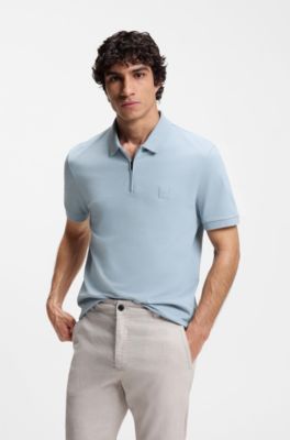 Polo slim fit de algod&oacute;n el&aacute;stico con parche de logo, Celeste